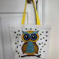 Hand-painted Canvas Owl Tote Bag with Zipper, 15"x15"x4"