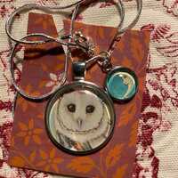 Vintage Illustration Barn Owl with La Luna Charm Pendant Necklace