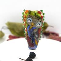 Lampwork glass beads with owl , artisan focal pendant bead , bird glass bead , sra ooak
