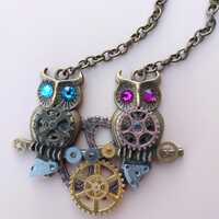 Steampunk Owl Pendant with Swarovski Crystal Eyes and Bronze and Gold Gears on Bronze Chain
