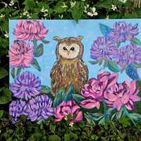 Botanical Owl Painting on Canvas Wall Art for nature lover, Original Floral Painting on Canvas, Whim