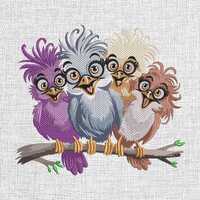 Funny Cartoon Birds Embroidery Design, Cute Owl Friends Machine File, Colorful Bird Group Design, Fu
