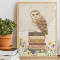 Owl Art Book Print, Reading Art, Bookish Reading, Stack of Books, Reading Nook Gift, Library Decor, 