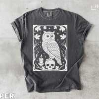 Owl on Skull T-Shirt, Gothic Tee, Occult Apparel, Dark Art Shirt, Halloween Gift, Bird Lover Gift, U