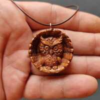 Owl Pendant-Hand Carved Wooden Pendant-Statement Necklace for Her and Him-Unique Wooden Gift Idea-On