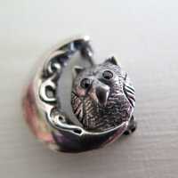 Vintage Charming Solid Sterling Silver 925 Little Owl Bird Sitting On Moon Brooch