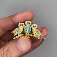 Vintage PWC 3 Owls Brooch Pin Rhinestones Enamel Yellow Gold Tone Red Eye
