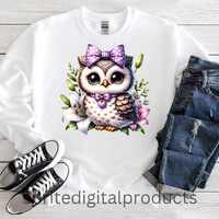 Cute Owl with Purple Bow PNG , Sublimation Designs , T-Shirt Sweater Design Clipart , Digital Downlo