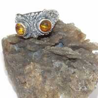 Hand made Solid.925 Sterling Silver Oxidized Owl Ring With Baltic Amber Cabochons-Custom size