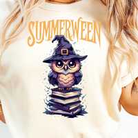 Summerween Owl Shirt - Cute Witch Owl on Books, Halloween in Summer Tee, Spooky Season T-Shirt, Fall
