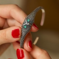 Owl Cuff Bracelet Silver, Silver Owl with Crystal Eyes Bangle Bracelet, Green Crystals Owl, Blue Cry