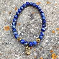 Owl Charm Bracelet, Stretch Bracelet, Yoga Bracelet, Lapis Lazuli Jewelry, Nature Fantasy Jewelry, B