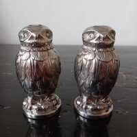 Rare Mid Century Zoomorphic Silver Plated Metal Owl Figurine Salt&Pepper Shakers in the style of