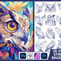 26 Owl Stamp Brushes Photoshop, Clip Studio Paint, Affinity Photo, ABR Brushes, Owls Brush Set