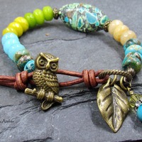 Jasper, Jade, Turquoise Beads Bracelet, Owl Bracelet, Antique Brass Leather and Button Bracelet, Owl