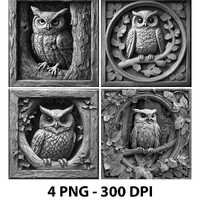 Night Owl Laser Engraving Files Wild Night Owl Bird Slate Engrave PNG Design Digital Download Graysc