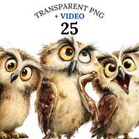 25 Owl Clipart PNG + Video, Whimsical Watercolor Baby Owl Bundle, Woodland Nursery Art, Cute Bird Il