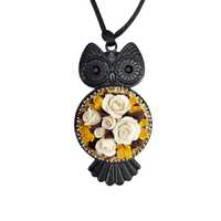 Owl Rose Bouquet Necklace: Hand Sculpted, Polymer Clay, Adjustable Black Cord