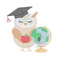 Graduation Owl Sketch Embroidery Design, Owl with Globe Embroidery File, Back to School Owl Sketch S