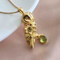 18k Gold Owl Pendant with Peridot - Birthstone owl pendant - Owl necklace- Gold owl pendant- Barn ow