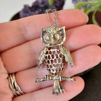 Vintage owl necklace, Silver tone metal owl carved and with openwork, Woodland pendant