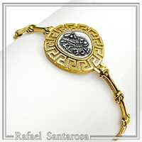 Owl Coin Bracelet Oxidized Sterling Silver on 18 karat Gold Filled Greek key free form wreath and He