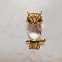 Vintage Owl Brooch | Faceted Crystal & Gold Tone | Mid Century Animal Pin