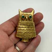 Vintage Avon Owl Perfume Brooch Pin Gold Tone Green Rhinestone Eyes