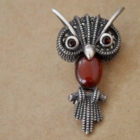 Vintage silver owl brooch pin pendant red garnet marcasite 925 sterling silver bird on branch pin/pe
