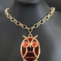 Vintage Gold Tone Chunky Chain Owl Pendant Necklace, 1970's 1980's Jewelry