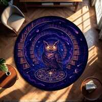 Mystic Owl Round Rug, Dark Academia Galaxy Carpet, Occult Library Witchy Decor, Purple Celestial Ast
