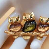 vintage 3 owls on a branch brooch