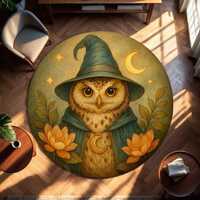 Wizard Owl Round Rug, Witchy Cottagecore Carpet, Cute Crescent Moon Owl Mat, Mystical Animal Decor f