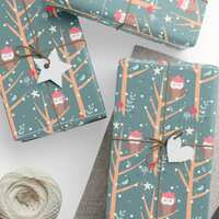 Christmas Wrapping Paper with Winter Owls in Hats Snowy Trees and Birds Holiday Woodland Gift Wrap f