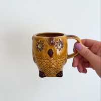 Vintage Japanese Mustard Googly Eye Owl Mug | Retro Ceramic Mug | Kitsch Style | Made in Japan | Ani