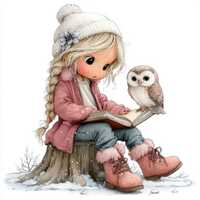 Watercolor Winter Girl Clipart: Book, Owl, Snowy Forest (JPG Digital Download)