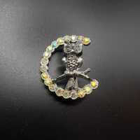 Vintage Moon & Owl Brooch Silver-Toned Beautiful Iridescent AB Rhinestones Pin