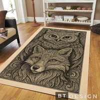 Owl Fox Mandala Washable Rug - Wood Carved Animal Art Non-Slip Floor Mat Rustic Decor