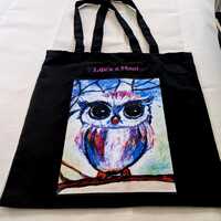 Life’s a hoot fun owl art  black  cotton tote bag, cute and appealing, useful gift for family 