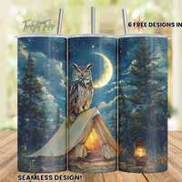 Owl Camp Tent 20 oz Skinny Tumbler Sublimation Design, Night Forest White Owl Digital Download PNG I