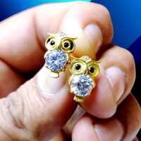 Moissanite Owl Stud Earrings Round Natural Moissanite Owl Earrings 14K Yellow Gold Finish 925 Silver