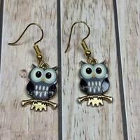 Earrings Black Owl Bird  Gift for her Enamel charm Dangle Gold Plated Hook Novelty Animal  Jewellery
