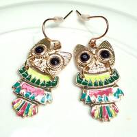 Vintage owl bird earrings articulated owls jewelry enamel dangle cascading ear adornments earth love