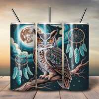 Owl and Dreamcatcher Tumbler Wrap – 20oz Sublimation PNG JPG – Mystic Moon Boho Night Fo