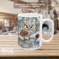 Stained Glass Look Owl Mug, Winter Forest Bird Cup, Snowy Woodland Coffee Mug, Rustic Animal Gift fo