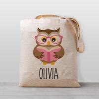 Personalized kid's Tote Bag, Owl with Book, Pink Glasses, Library book bag, School, Preschool or