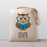 Personalized kid's Tote Bag, Owl with Book, Blue Glasses, Library book bag, School, Preschool or