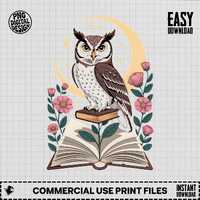 Owl Digital PNG, Reading Owl Clipart, Floral Owl Art, Book Lover Gift, Cute Owl Design, Commercial U