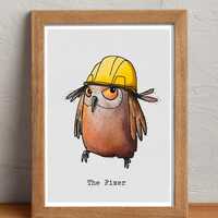The Fixer, owl in hard hat art print A5/A4/A3. The ideal gift for a ‘Fix-it Frank’ or a 
