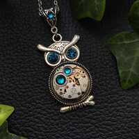 Steampunk Owl Necklace – Fantasy Forest Pendant with Watch Gears & Blue Crystals, Nature I
